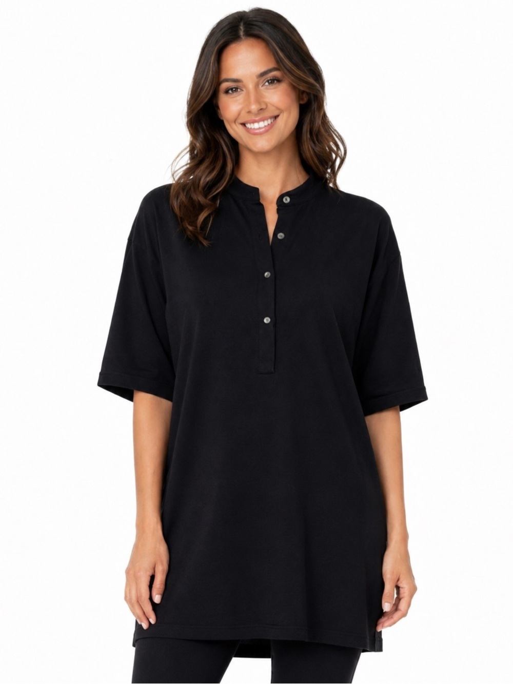 Eileen Fisher Black Viscose Jersey Tunic Henley Top Shirt Small USA